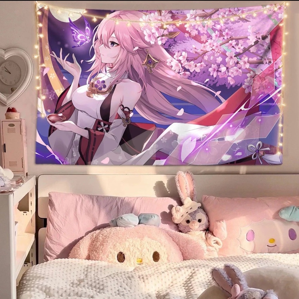 The  Genshin Impact Wall Tapestry with Pink and Purple Design